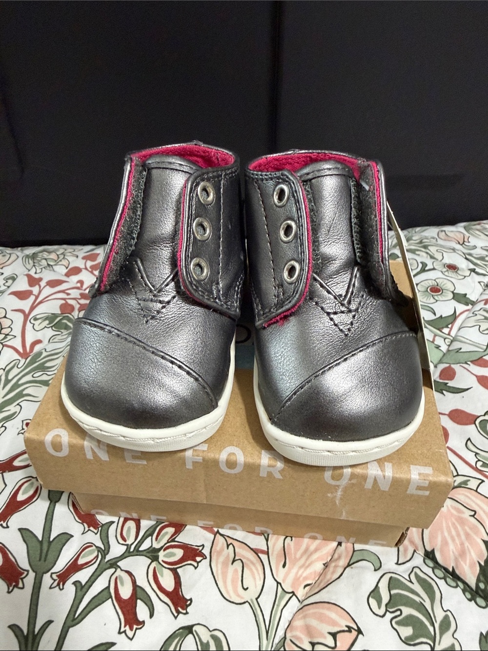 Toms Metallic Gray Baby Walkers with Pink Lining